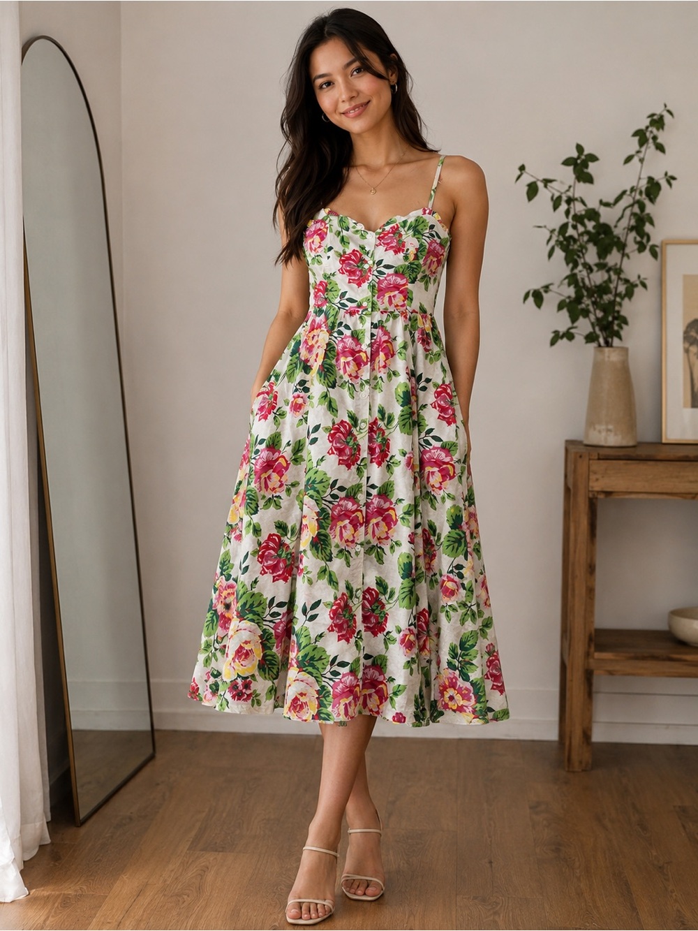 vintage adrienne vittadini cotton rose floral print romantic midi button dress M